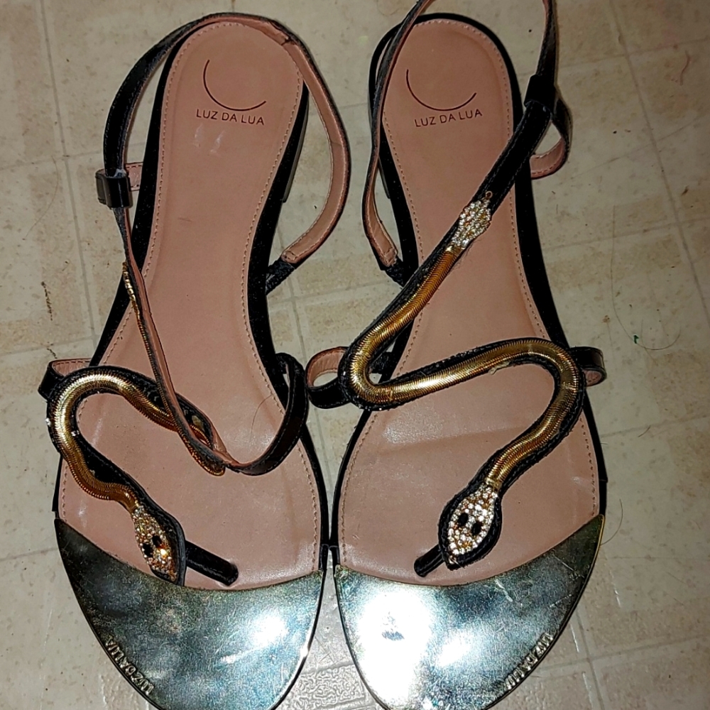 Black and gold sparkly snake sandals